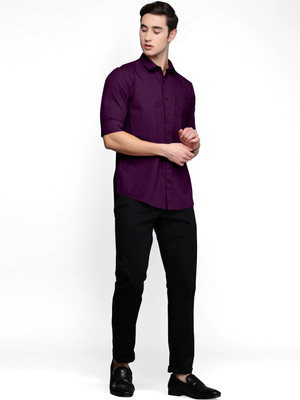 LUNGER Men Solid Casual Purple Shirt