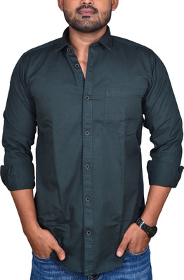 river green Men Solid Casual Dark Green Shirt