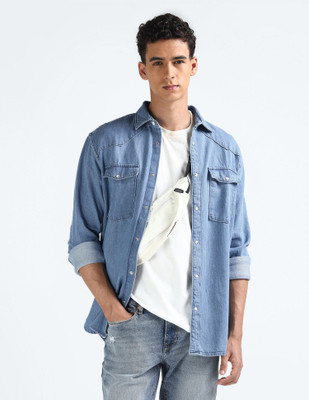 FLYING MACHINE Men Solid Casual Blue Shirt