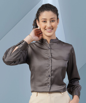 fithub Women Solid Formal Grey Shirt