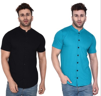 Lawful Casual Men Solid Casual Blue, Black Shirt(Pack of 2)