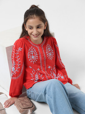 VERO MODA Girls Embroidered Casual Red Shirt