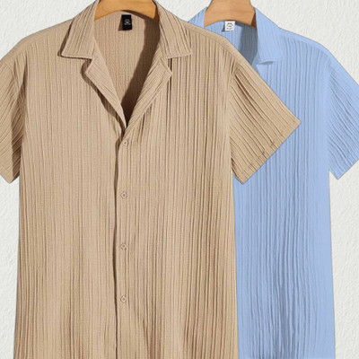 Jenil Fashion Men Self Design Casual Cream, Light Blue Shirt(Pack of 2)