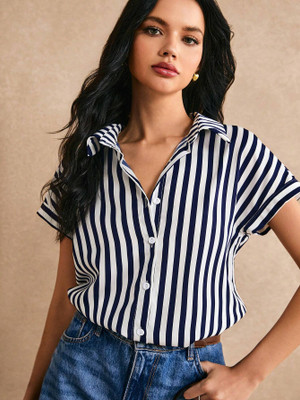 CLASSYFASHION Women Striped Casual Blue, White Shirt