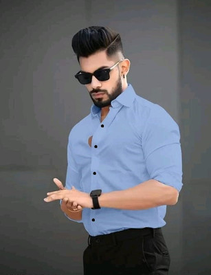 MUMIN Men Striped Casual Light Blue Shirt