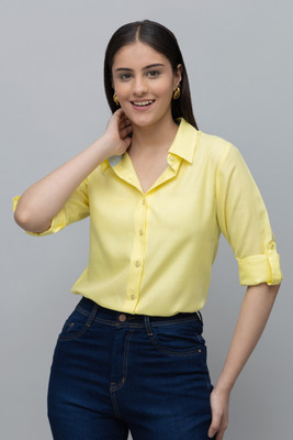 PURYS Women Solid Casual Yellow Shirt