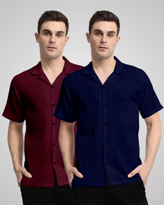 VK Couture Men Self Design, Striped Casual Maroon, Dark Blue Shirt(Pack of 2)