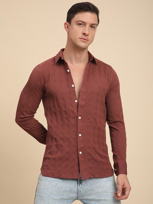 Voroxy Men Self Design Casual Brown Shirt