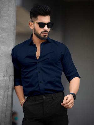 SOUNDRYAFABRIC Men Solid Casual Dark Blue Shirt