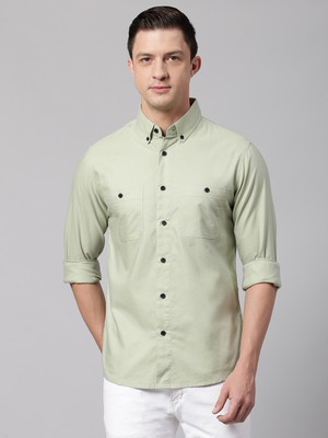 Dennis Lingo Men Solid Casual Light Green Shirt