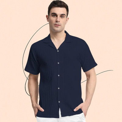 A Sti Men Self Design Casual Dark Blue Shirt