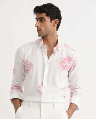 RARE RABBIT Men Printed Casual White, Pink Shirt