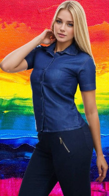 HouseOfCommon Women Solid Casual Blue Shirt