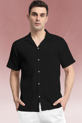 A Metron Men Striped, Self Design, Solid Casual Black Shirt