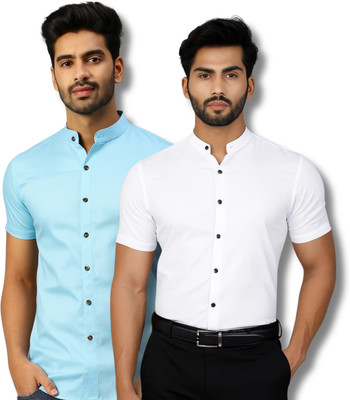 COTTONCHHAP Men Solid Casual Light Blue, White Shirt(Pack of 2)