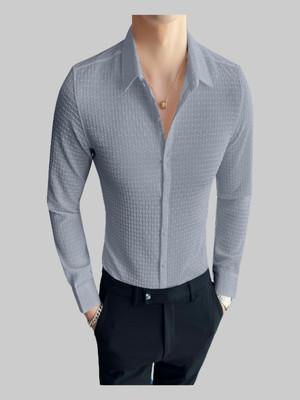 KHANJAN FASHION Men Self Design Formal Light Blue Shirt