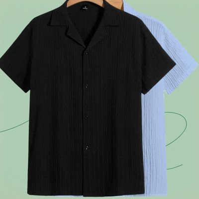 Looksky Men Self Design Casual Black, Light Blue Shirt(Pack of 2)