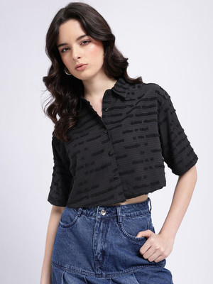 Glitchez Women Self Design Casual Black Shirt