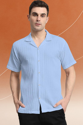A DEEMOON TREND Men Self Design Casual Light Blue Shirt