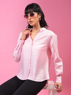 CRIMSOUNE CLUB Women Striped Casual Pink Shirt
