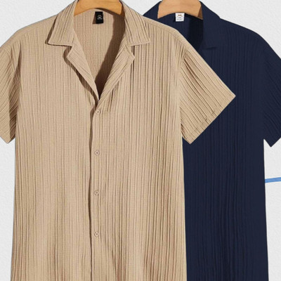 Jenil Fashion Men Self Design Casual Cream, Dark Blue Shirt(Pack of 2)