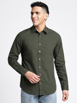 Blue Buddha Men Solid Casual Dark Green Shirt