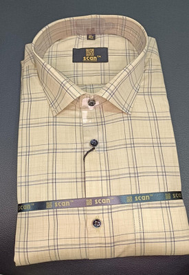Scan Men Checkered Casual Beige Shirt
