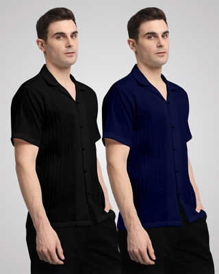 HEMAS LIFESTYLE Men Self Design, Solid Casual Black, Dark Blue Shirt(Pack of 2)