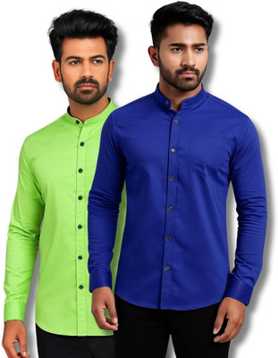MAHIRAN Men Solid Casual Light Green, Dark Blue Shirt(Pack of 2)