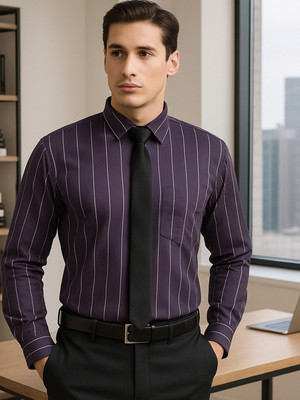 Hancock Men Striped Casual Purple Shirt