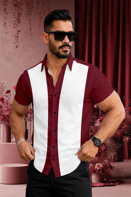 jnm Men Color Block Formal Maroon, White Shirt