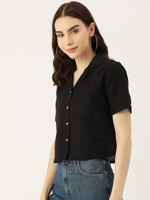 KASHIAN Women Solid Casual Black Shirt