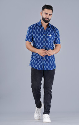 Sanganer Export Men Printed Casual Dark Blue, White Shirt