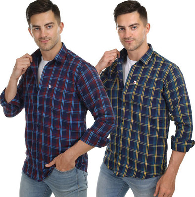 VK WINTER WEAR Men Checkered Casual Blue, Yellow Shirt(Pack of 2)