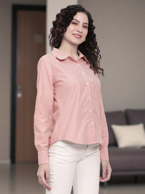 FUBACK Women Striped Casual Orange Shirt