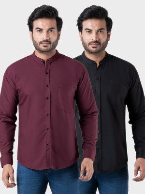 BONCUE Men Solid Casual Maroon, Black Shirt(Pack of 2)
