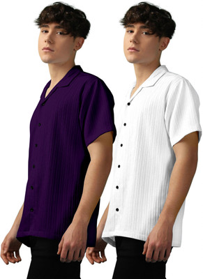 OXXOM Men Self Design, Striped Casual Purple, White Shirt(Pack of 2)