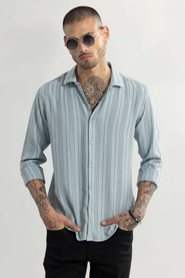 Snitch Men Striped Casual Grey, Black Shirt