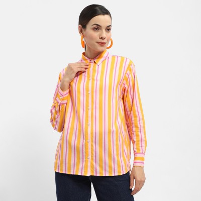 MADAME Women Striped Casual Yellow Shirt