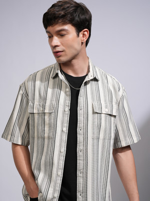 LOCOMOTIVE Men Self Design Casual Cream Shirt