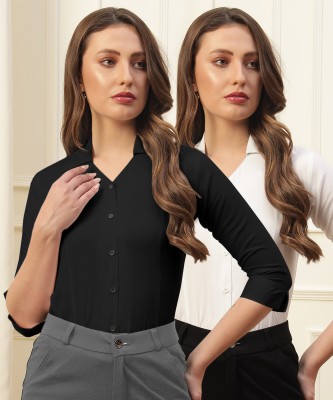 WOXEN Women Solid Casual Black, White Shirt(Pack of 2)