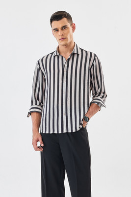 Snitch Men Striped Casual Black, White Shirt