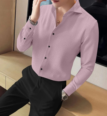 Black Deer Men Self Design Formal Pink Shirt