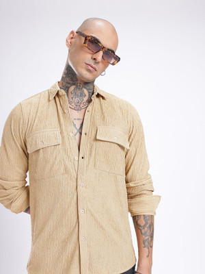 Glitchez Men Self Design Casual Beige Shirt