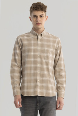 Snitch Men Checkered Casual Beige Shirt