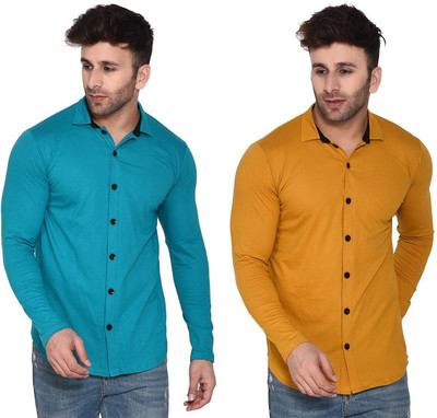 Trendfull Men Solid Casual Gold, Light Green Shirt(Pack of 2)