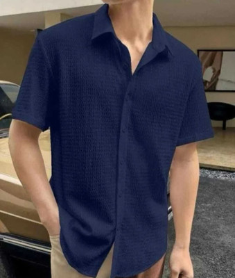 SHFASHION Men Self Design Casual Blue Shirt