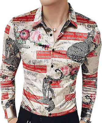 s23 Men Floral Print Casual White Shirt