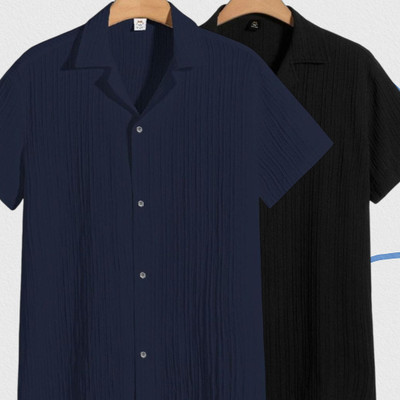 Looksky Men Self Design Casual Dark Blue, Black Shirt