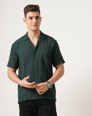 British Club Men Self Design Casual Dark Green Shirt